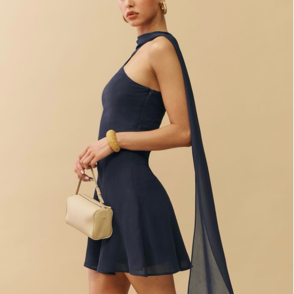 Reformation Navy One-Shoulder Mini Dress With Draped Scarf